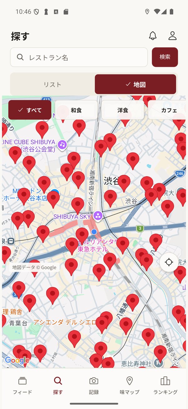 LOLO の「探す」画面。渋谷周辺のお店が地図に表示されている